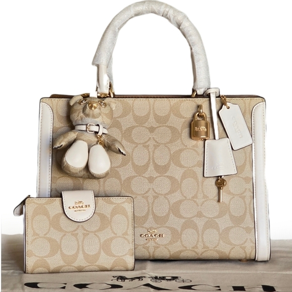 Coach Handbags - COACH SET 🧸 Zoe ~ Wallet & Bear Charm In Light Khaki / Chalk / Gold / Suede